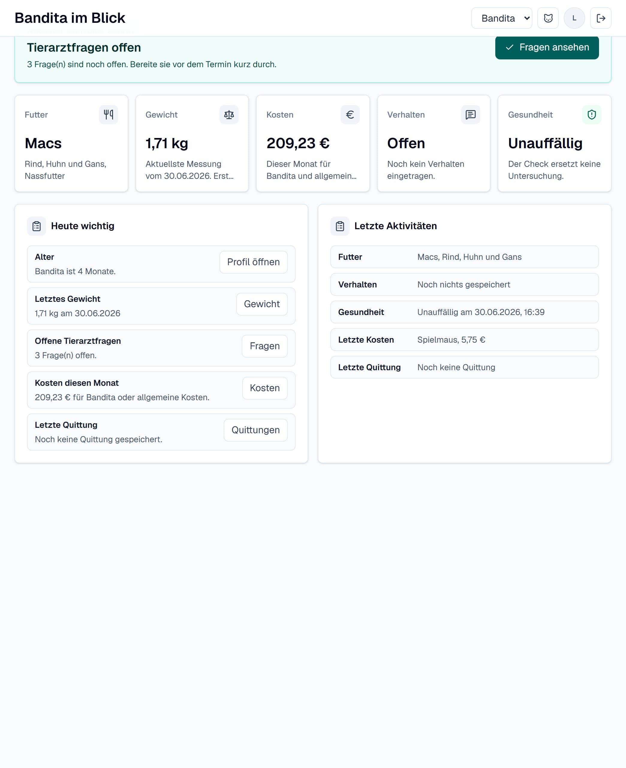 Startseite des Katzen Assistent Dashboards mit Gewicht, Kosten und Gesundheits-Überblick (Beispieldaten)