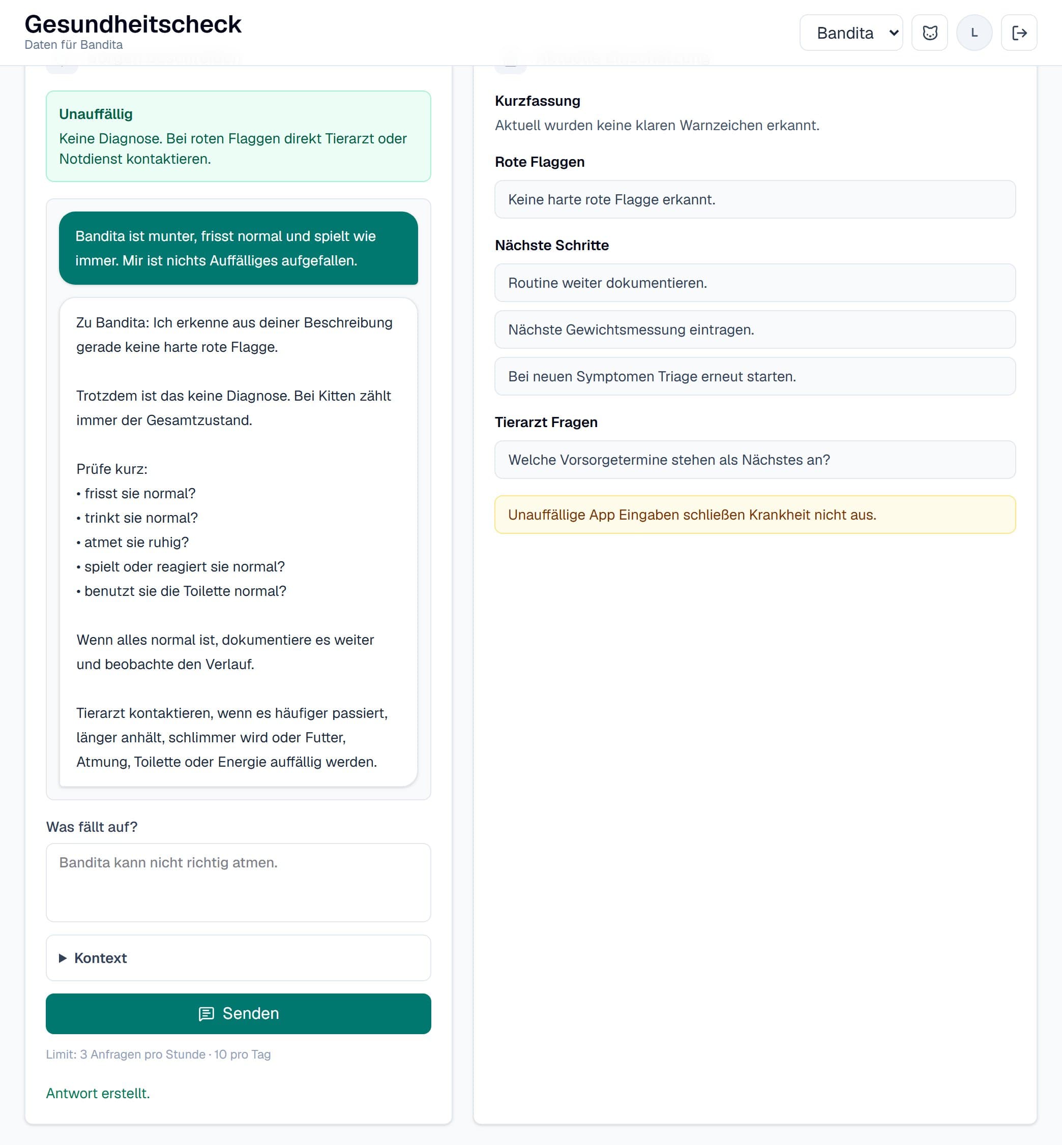 KI Gesundheits-Check im Katzen Assistent Dashboard mit Beispieleinschätzung