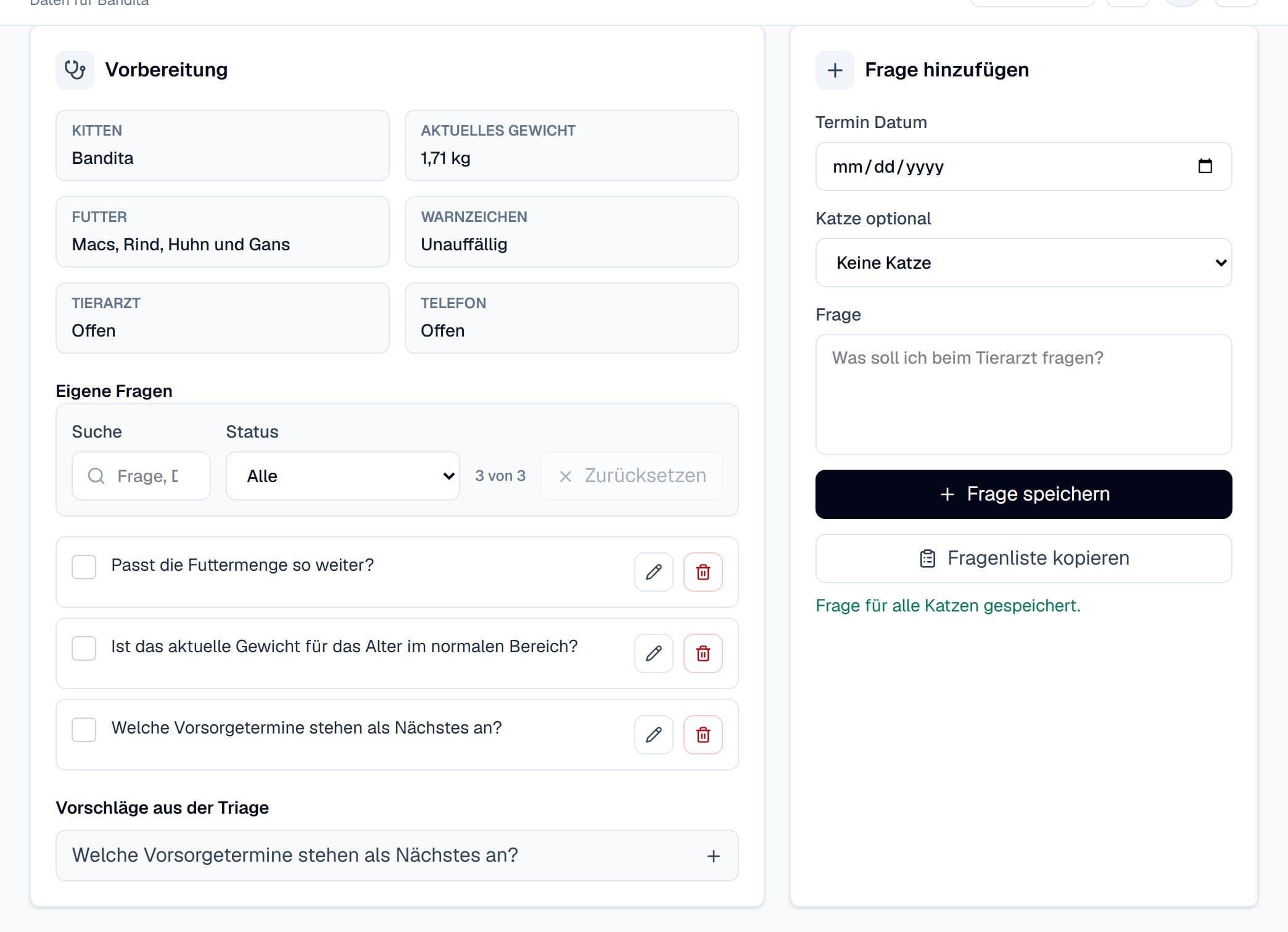 Vorbereitete Tierarztfragen im Katzen Assistent Dashboard mit Beispieldaten